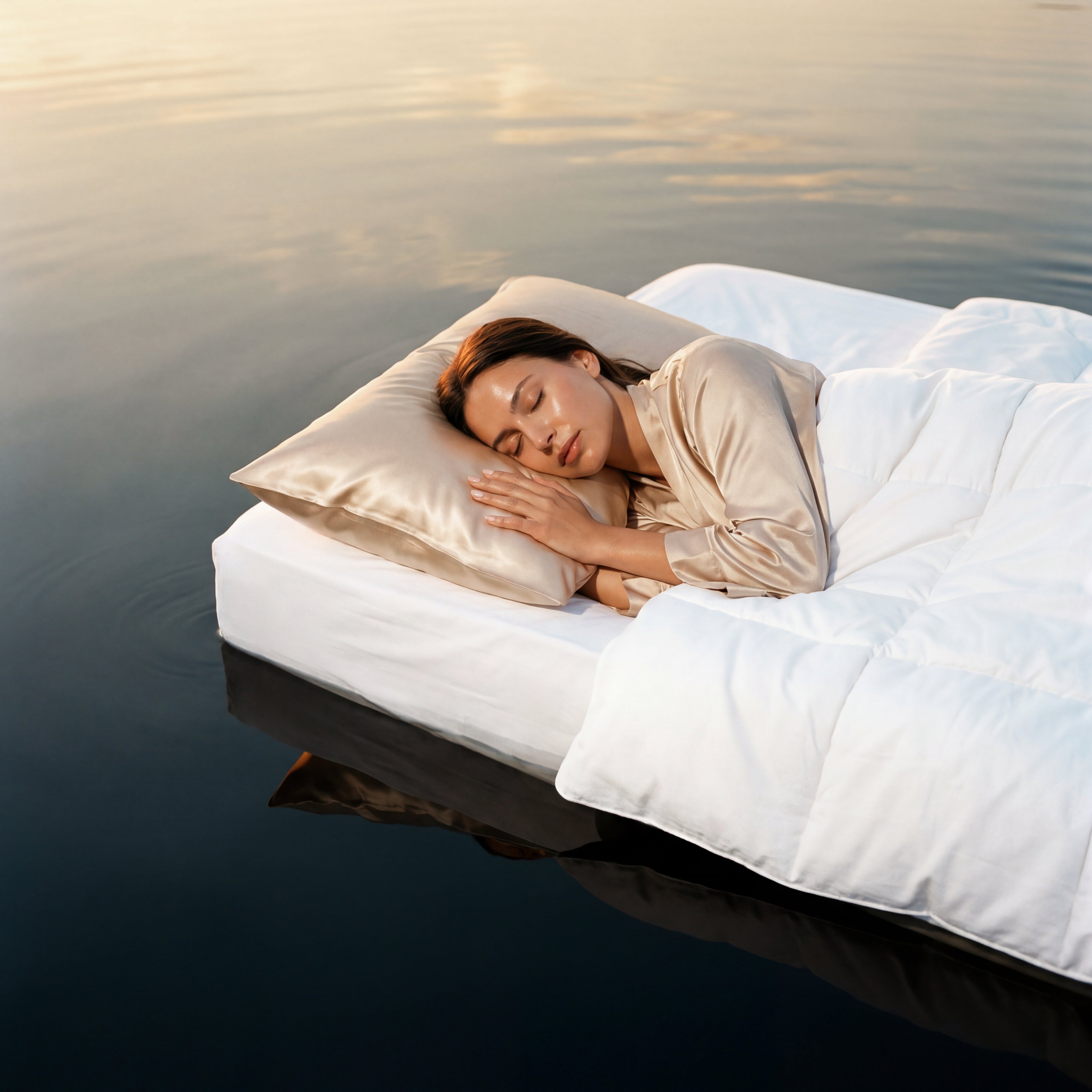 Woman sleeping on a floating bed with a pillow and blanket in a serene water setting